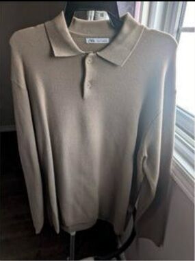 Zara Men's Taupe Crewneck Polo Sweater